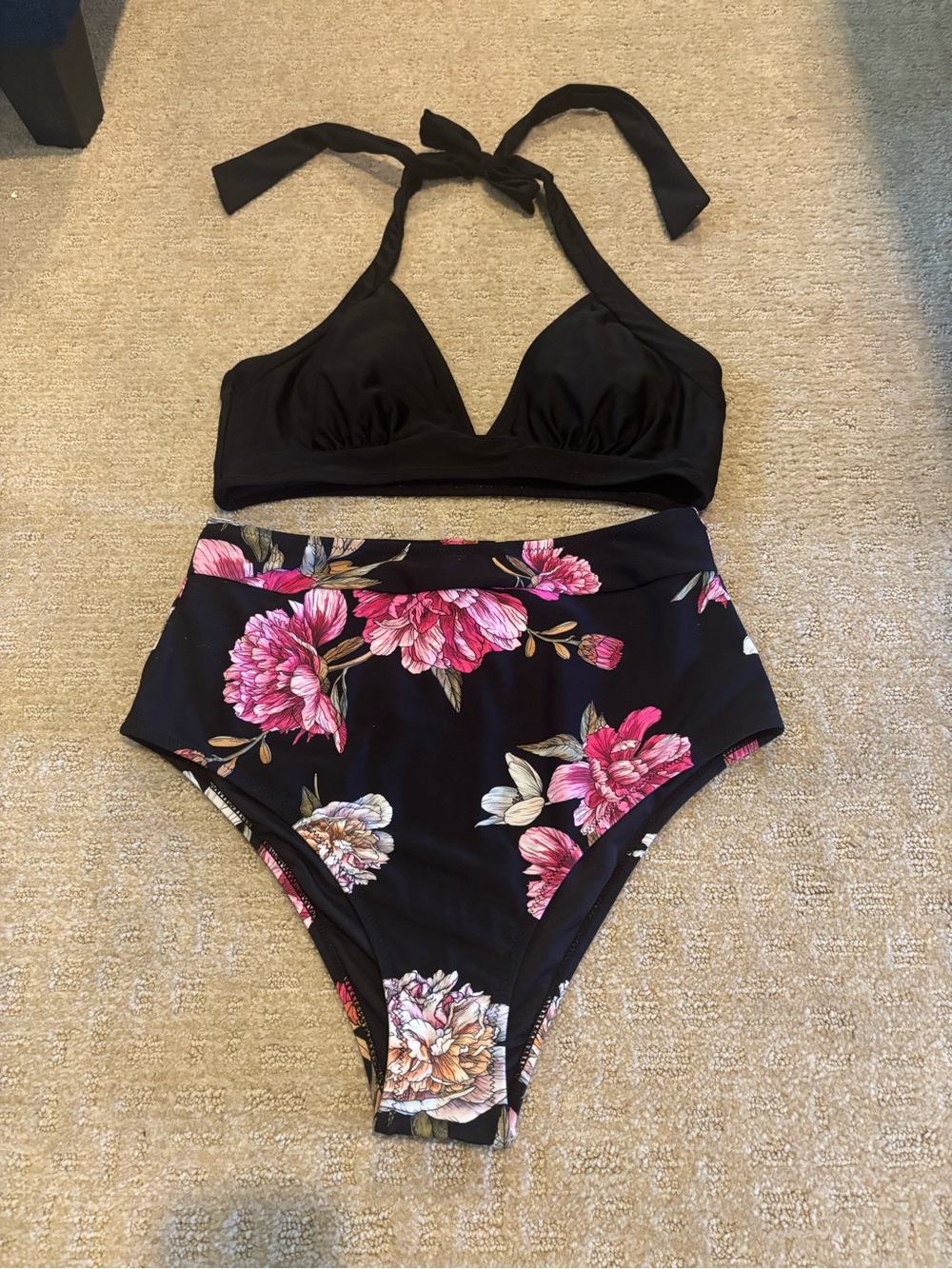 Cupshe Black Floral High-Waist Bikini Set